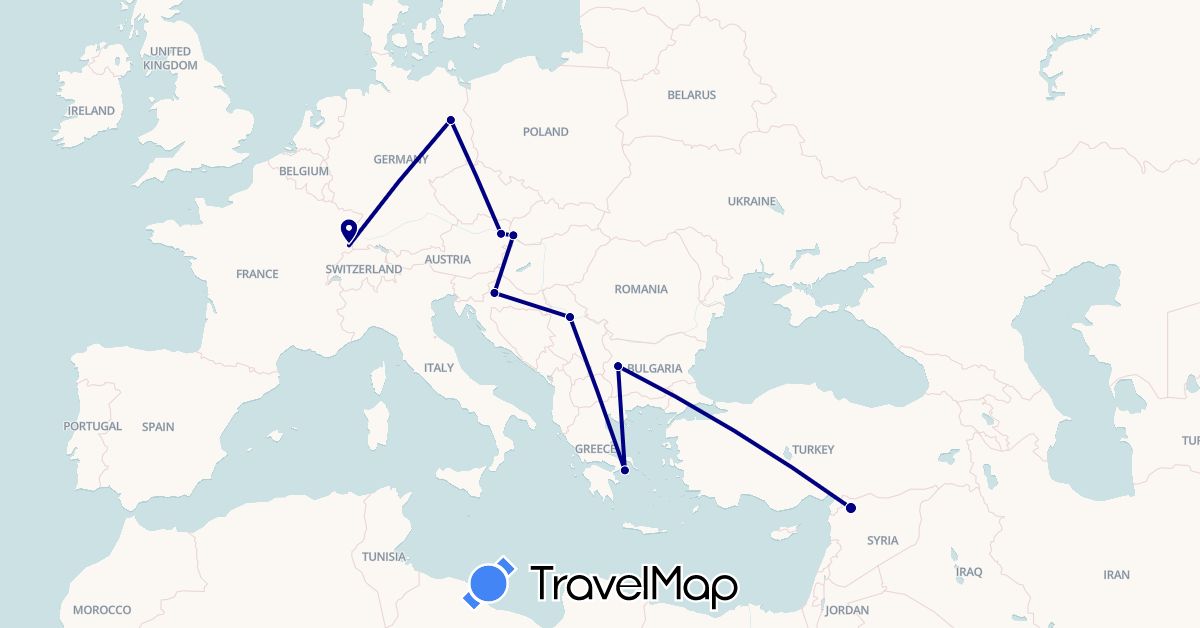 TravelMap itinerary: driving in Austria, Bulgaria, Germany, France, Greece, Croatia, Serbia, Slovakia, Syria (Asia, Europe)